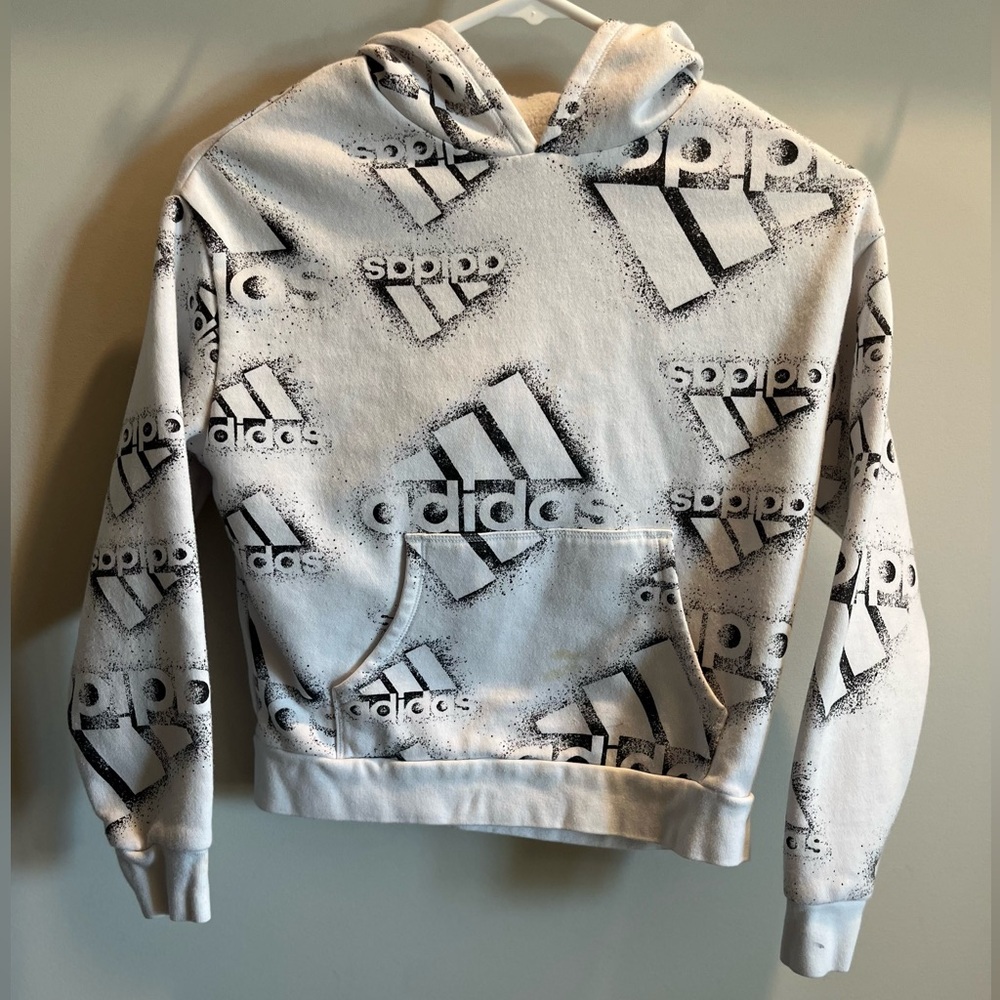 Kids S • Adidas White Hoodie with Black Graphic Print